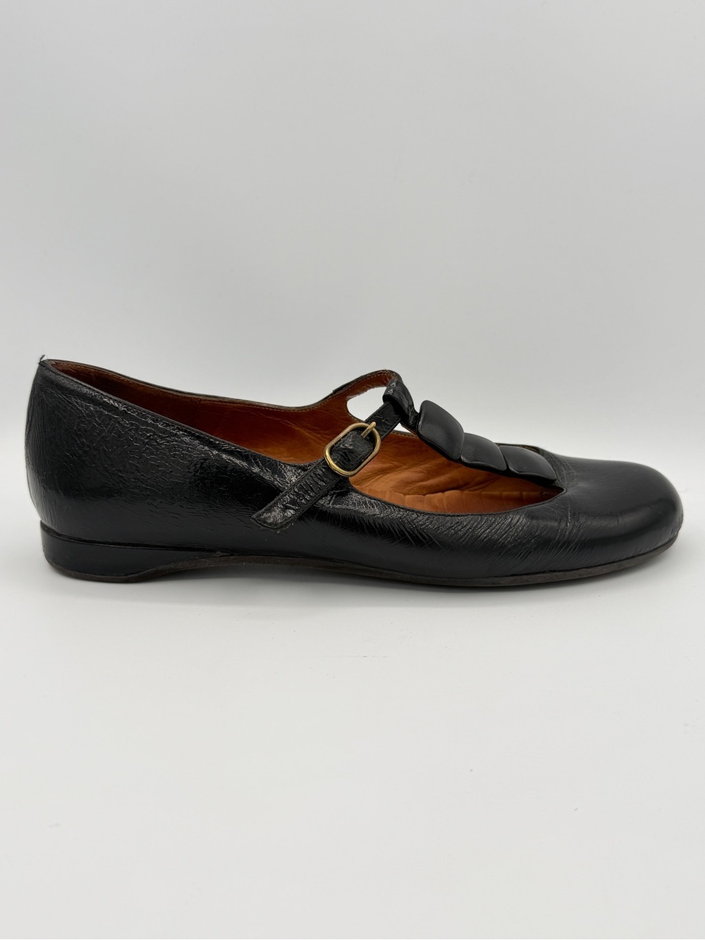 Chie Mihara Lumi Black Leather Patent Leather T Strap Mary Jane Flats Academia